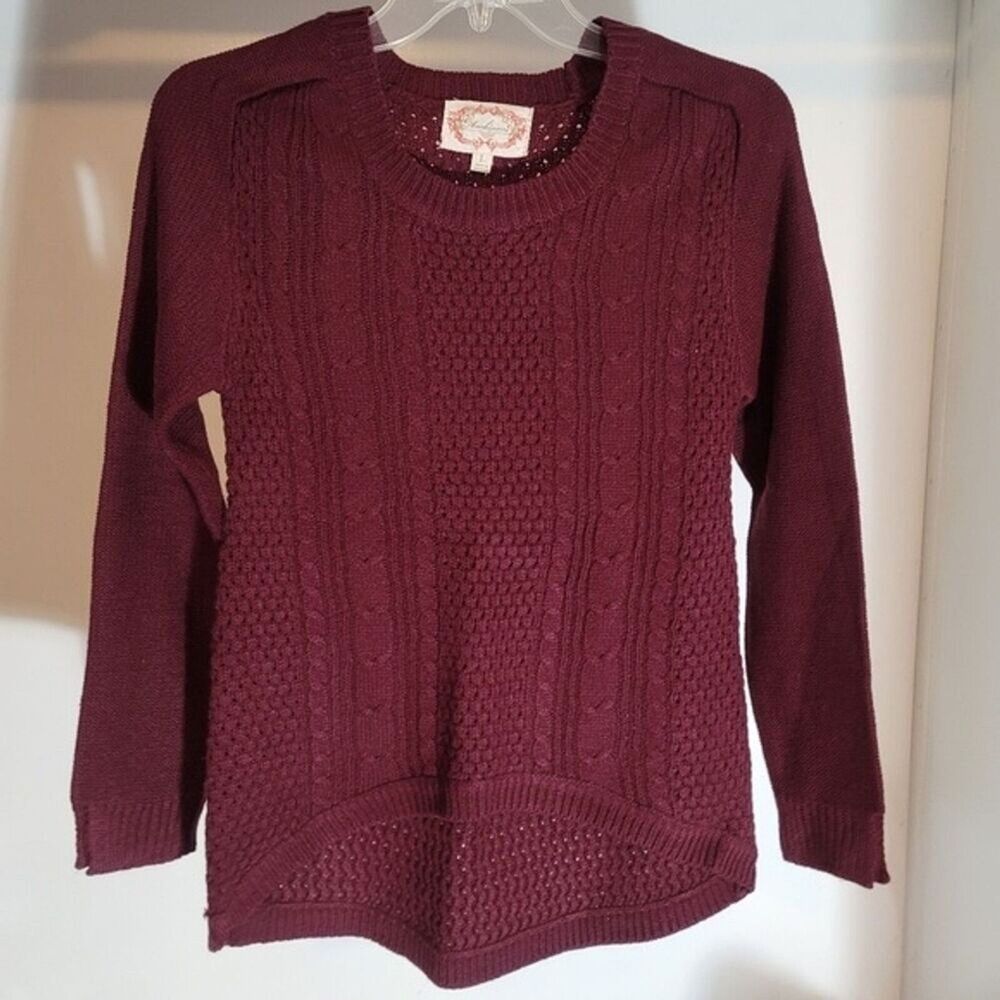 Ambiance Womens Sz L Cable Knit Sweater Crew Neck Maroon Burgundy Hi Low New